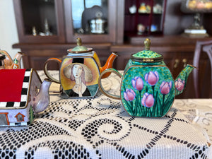 8 Miniature Kelvin Chen Enamelled Teapots