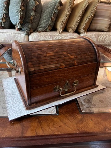 Antique English Oak Cigar & Cigarette Box, Cedar Lined with a Rare Tambour Opening, Circa 1860