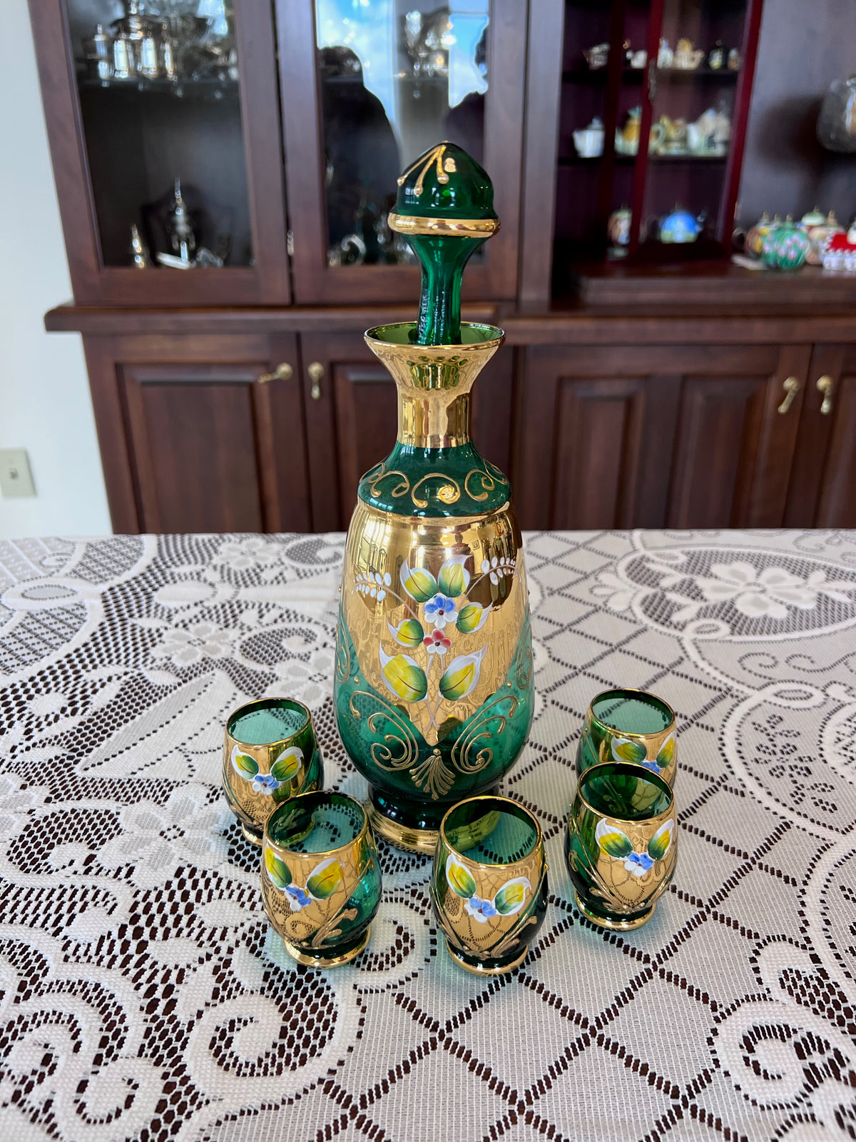 Vintage Murano Made in Italy Green Art Glass Decanter + 5 Shot Glasses