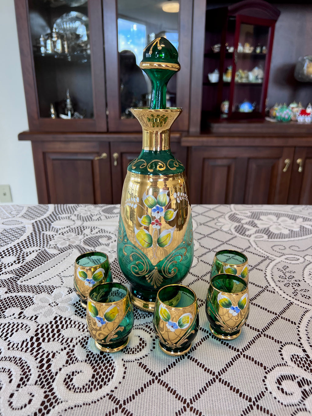 Vintage Murano Made in Italy Green Art Glass Decanter + 5 Shot Glasses
