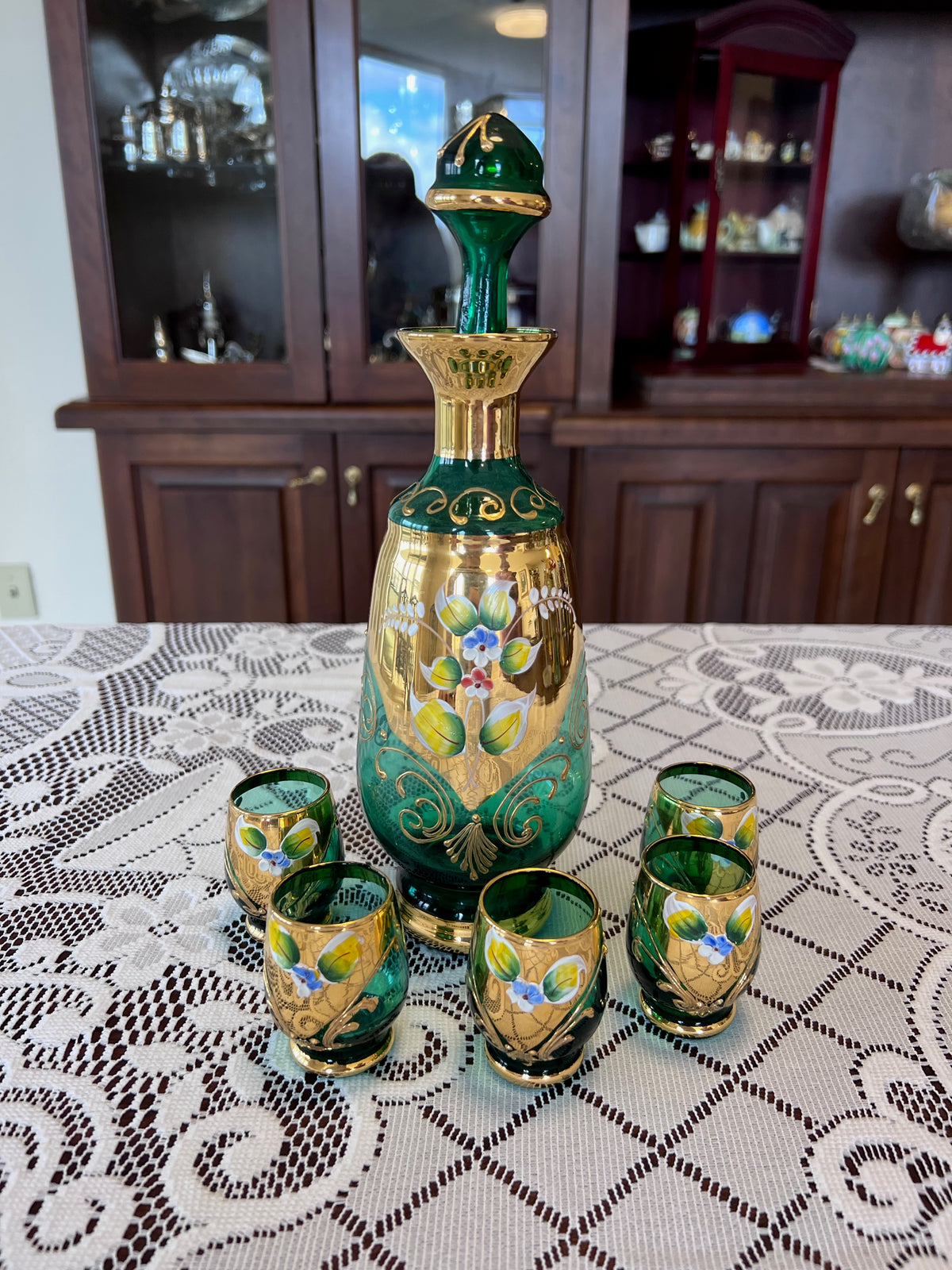 Vintage Murano Made in Italy Green Art Glass Decanter + 5 Shot Glasses