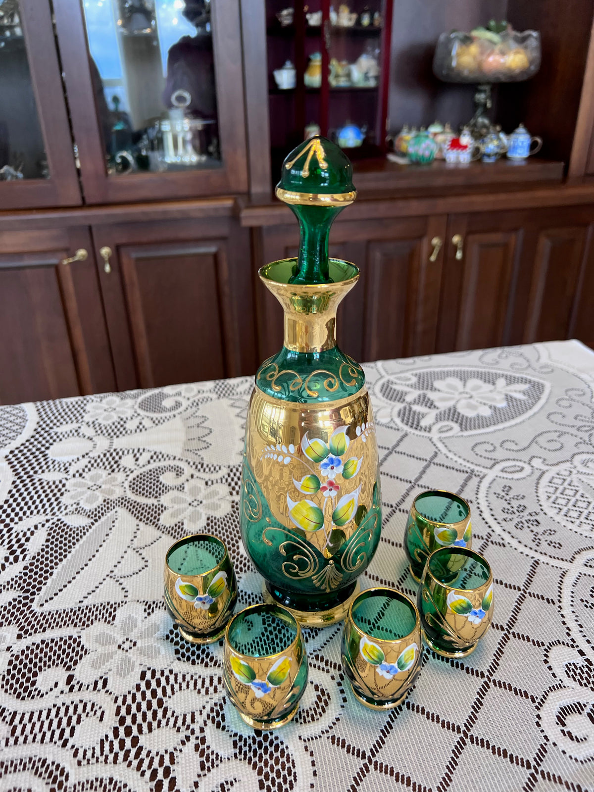 Vintage Murano Made in Italy Green Art Glass Decanter + 5 Shot Glasses