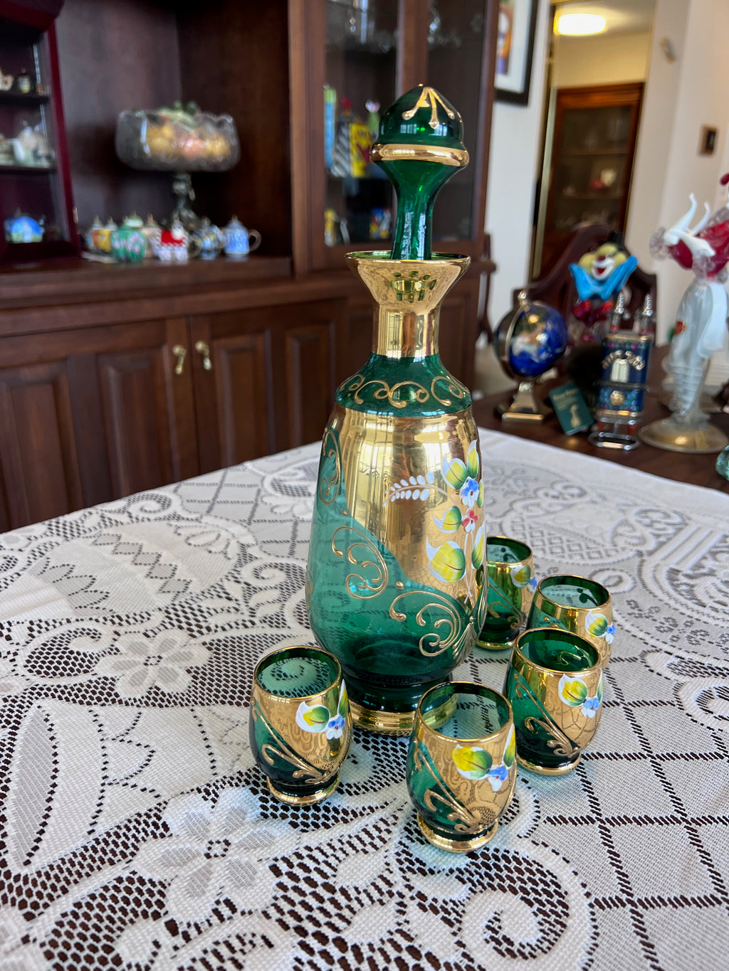 Vintage Murano Made in Italy Green Art Glass Decanter + 5 Shot Glasses
