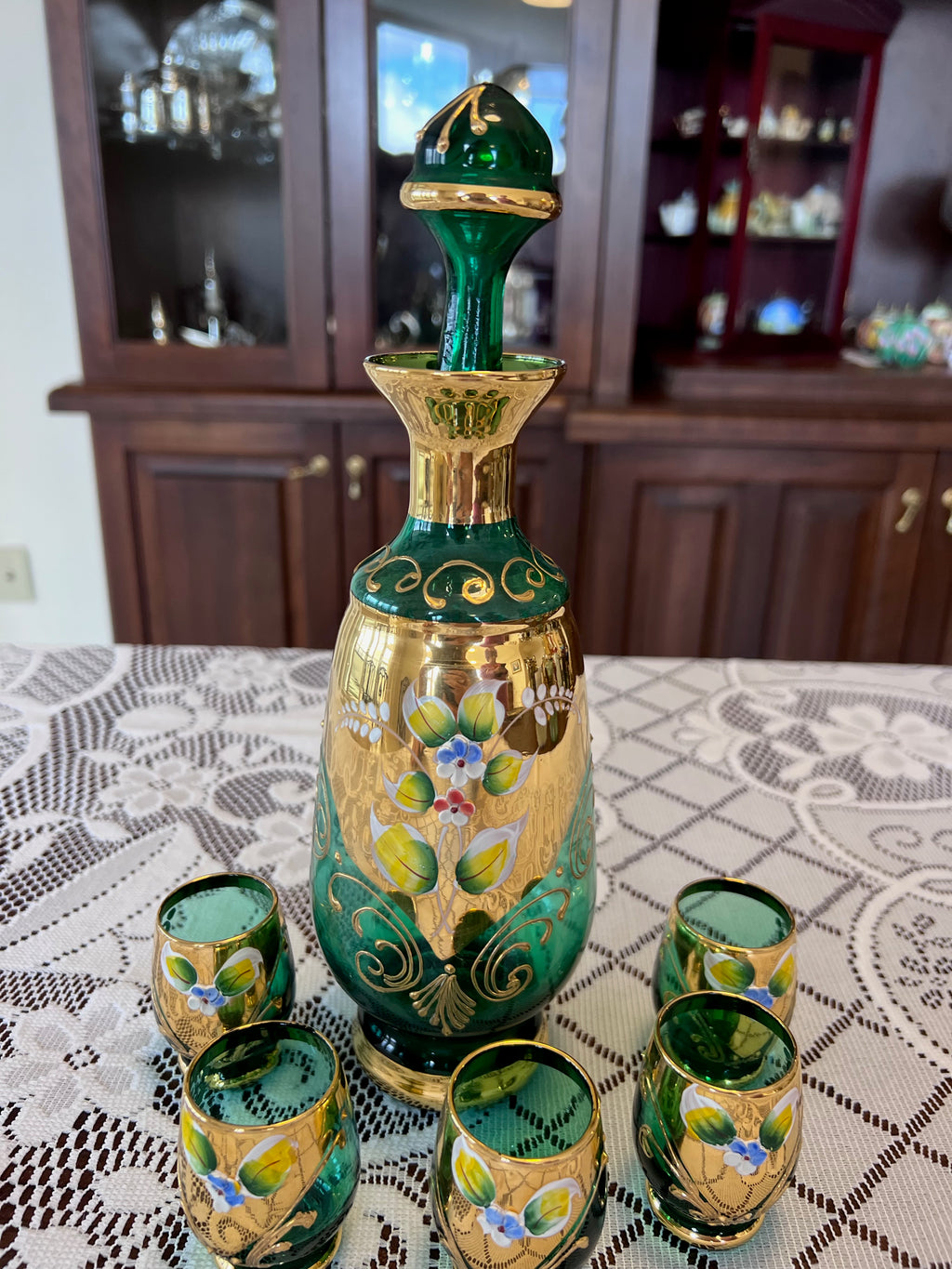 Vintage Murano Made in Italy Green Art Glass Decanter + 5 Shot Glasses