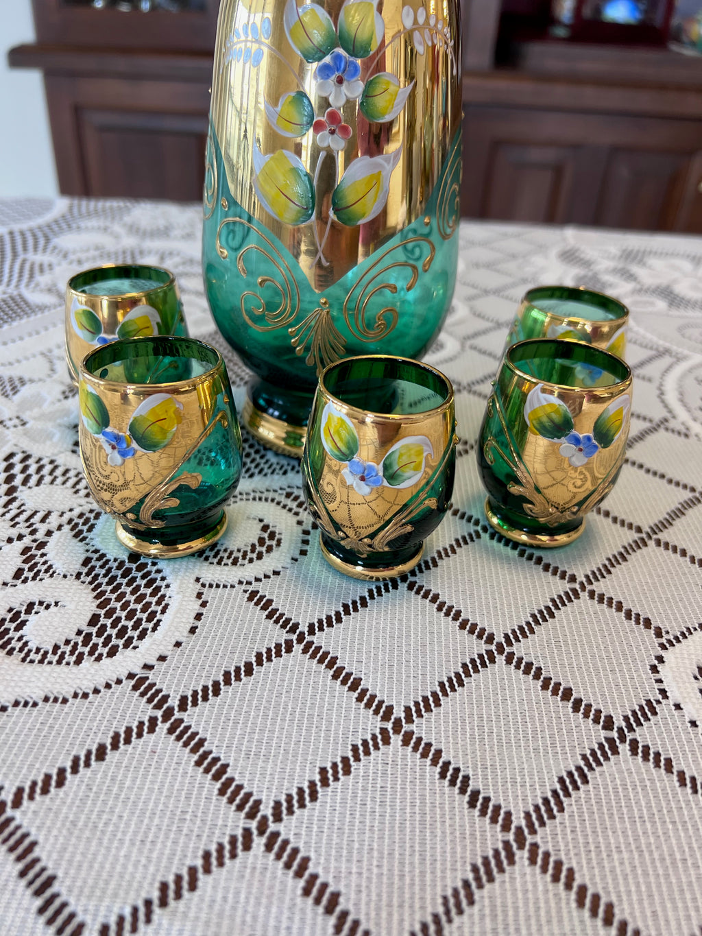 Vintage Murano Made in Italy Green Art Glass Decanter + 5 Shot Glasses