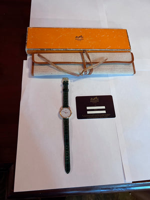 Women's Vintage Hermes Watch, Green Leather Band Circa 1989