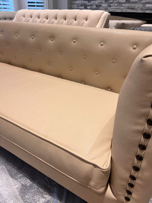 Beige Faux Leather Tufted Sofa