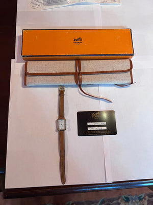 Women's Vintage Hermes Square Two Tone Watch, Brown Leather Band Circa 1989