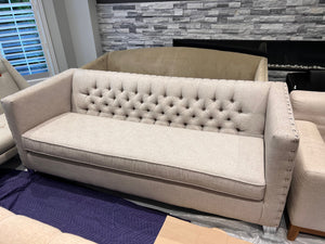 Large Grey/Beige Upholstered Tufted Sofa