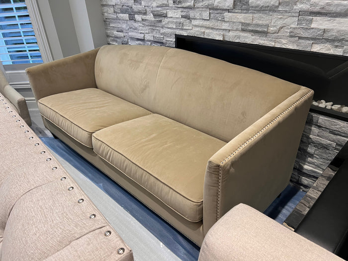 Sunpan Beige Microsuede Sofa with Nailhead Trim (*retail $2,500)