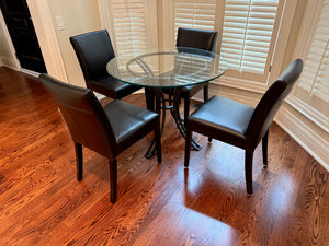 Round Glass Kitchenette Table with Iron Base + 4 Crate & Barrel Black Chairs