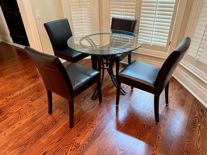 Round Glass Kitchenette Table with Iron Base + 4 Crate & Barrel Black Chairs