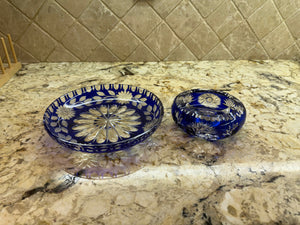 2 Small Bohemian Czech Cobalt Blue Crystal Dishes