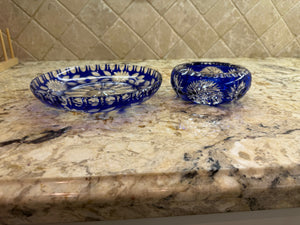 2 Small Bohemian Czech Cobalt Blue Crystal Dishes