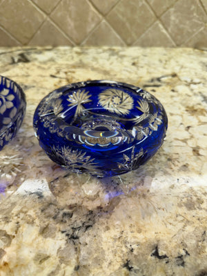 2 Small Bohemian Czech Cobalt Blue Crystal Dishes