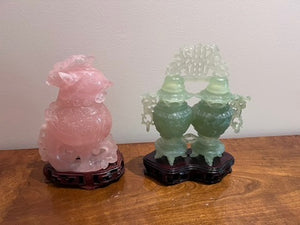 Rose Quartz and Serpetine Oriental Sculptures