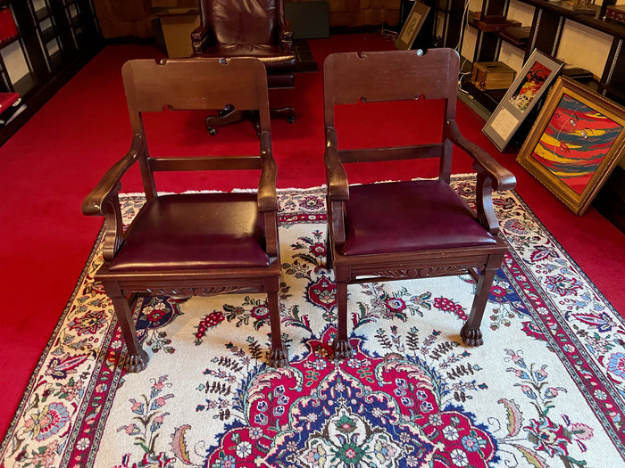 Pair of Antique Chairs, Red Leather Seats with Clawed Feet