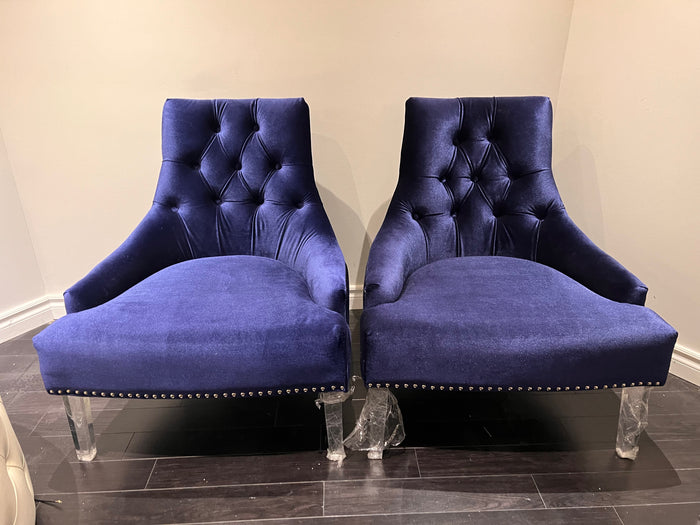 BRAND NEW!  2 Sunpan Blue Velvet Tufted Accent Chairs, with Lucite Legs (*retail $1,600)