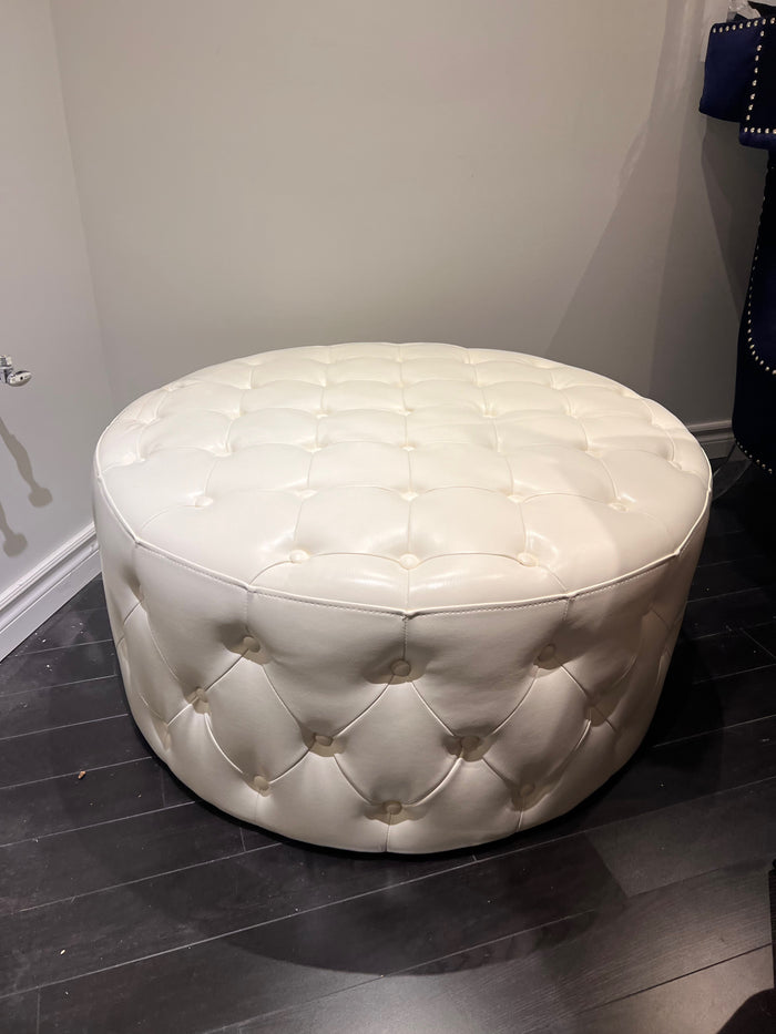 Sunpan White Faux Leather Tufted Ottoman (*condition noted)
