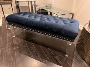 Blue Velvet Tufted Bench w/Acrylic Legs
