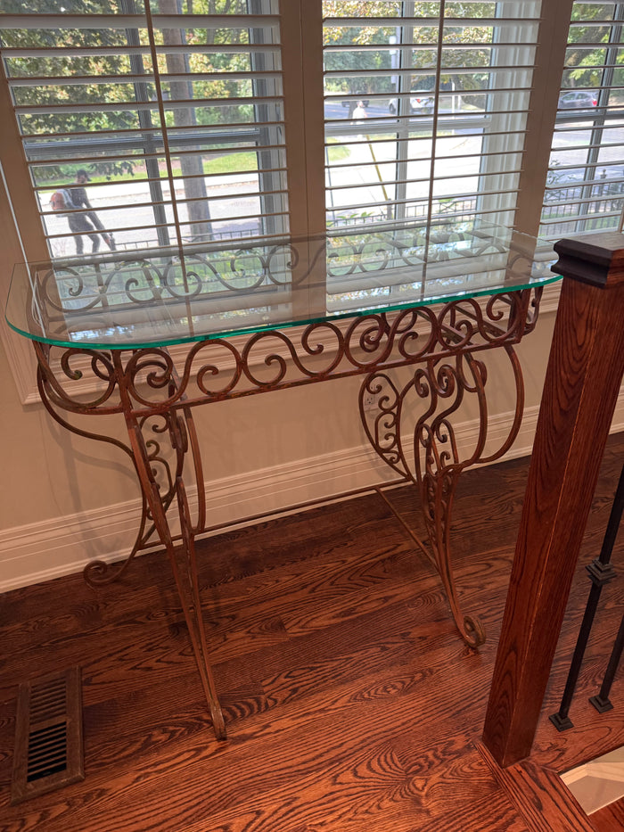 Vintage Wrought Iron and Glass Console Table
