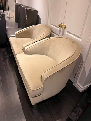 2 Sunpan Beige Microsuede Club Chairs (*retail $1,600)