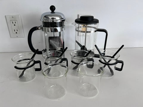2 Bodum French Press, 4 Cups with Spoons, Cream + Sugar