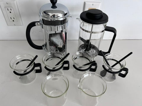 2 Bodum French Press, 4 Cups with Spoons, Cream + Sugar