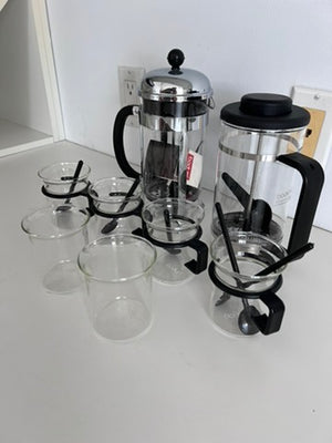 2 Bodum French Press, 4 Cups with Spoons, Cream + Sugar