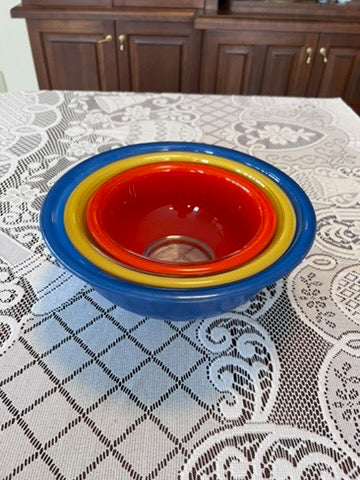 Vintage Pyrex Nesting Bowls, Primary Colours, Clear Bottom-  Red Blue Yellow-  Set Of 3