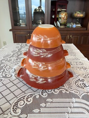 Vintage Pyrex Cinderella Nesting Bowls, Autumn Harvest Wheat-  Set Of 4
