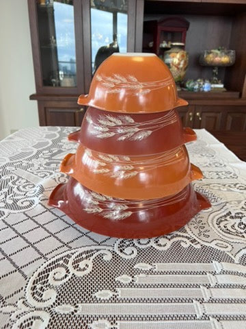 Vintage Pyrex Cinderella Nesting Bowls, Autumn Harvest Wheat-  Set Of 4