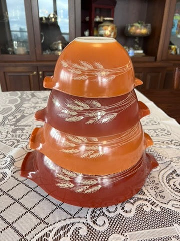 Vintage Pyrex Cinderella Nesting Bowls, Autumn Harvest Wheat-  Set Of 4