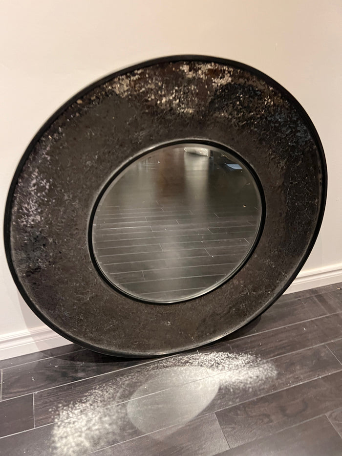 Round "Crackled Glass" Mirror, Black Frame 34"D