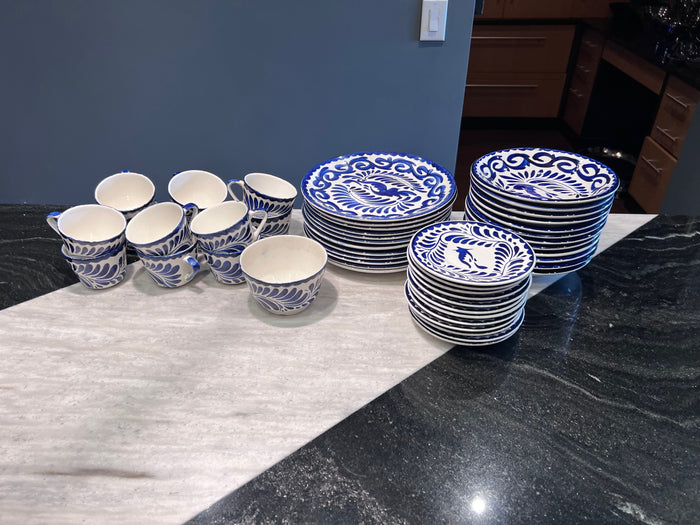Vintage ANFORA PUEBLA BLUE Talavera Pottery Set, Service for 12