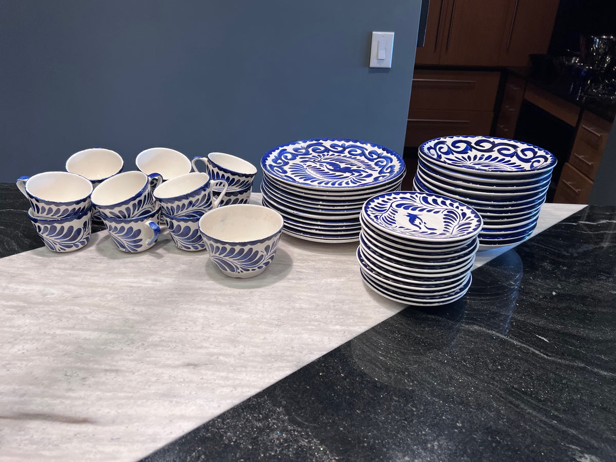 Vintage ANFORA PUEBLA BLUE Talavera Pottery Set, Service for 12