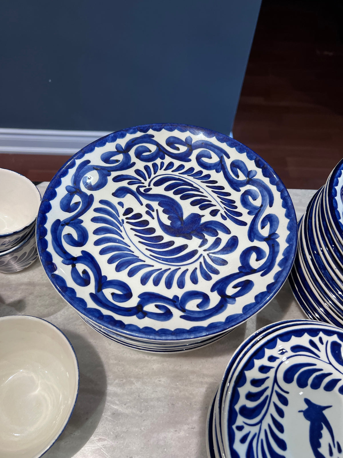 Vintage ANFORA PUEBLA BLUE Talavera Pottery Set, Service for 12