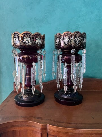 Pair of Antique Bohemian Ruby Mantel Lusters with Prisms
