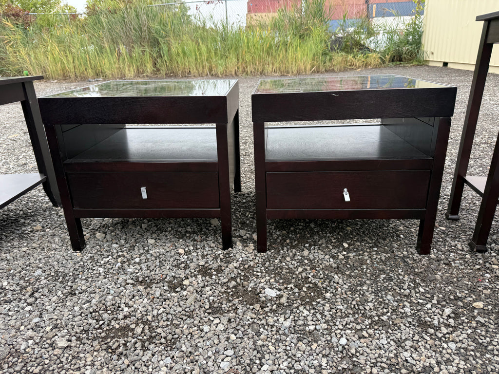 Pair of Dark Wood Nightstands with Glass Top