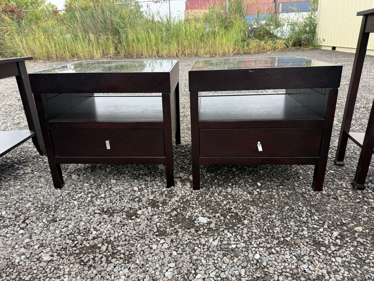 Pair of Dark Wood Nightstands with Glass Top