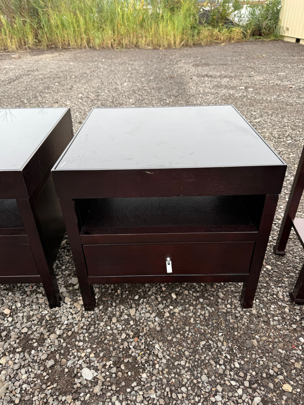 Pair of Dark Wood Nightstands with Glass Top