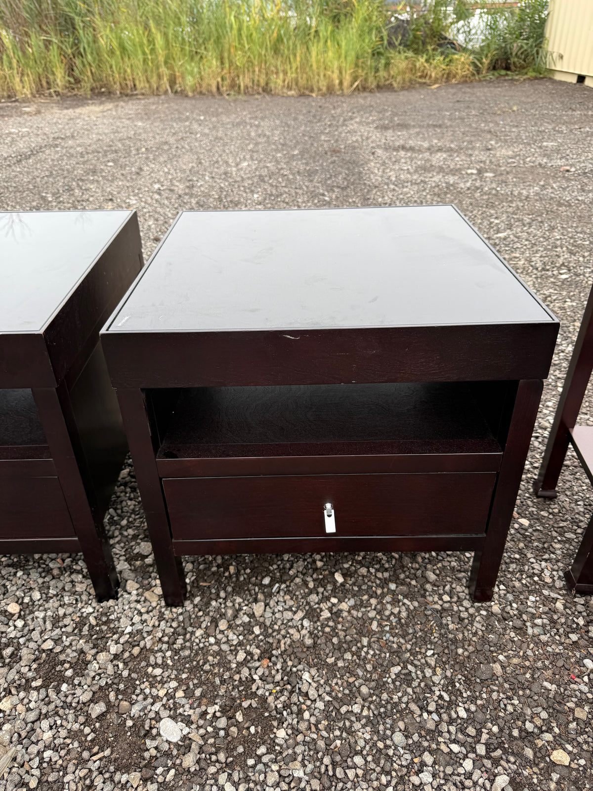 Pair of Dark Wood Nightstands with Glass Top