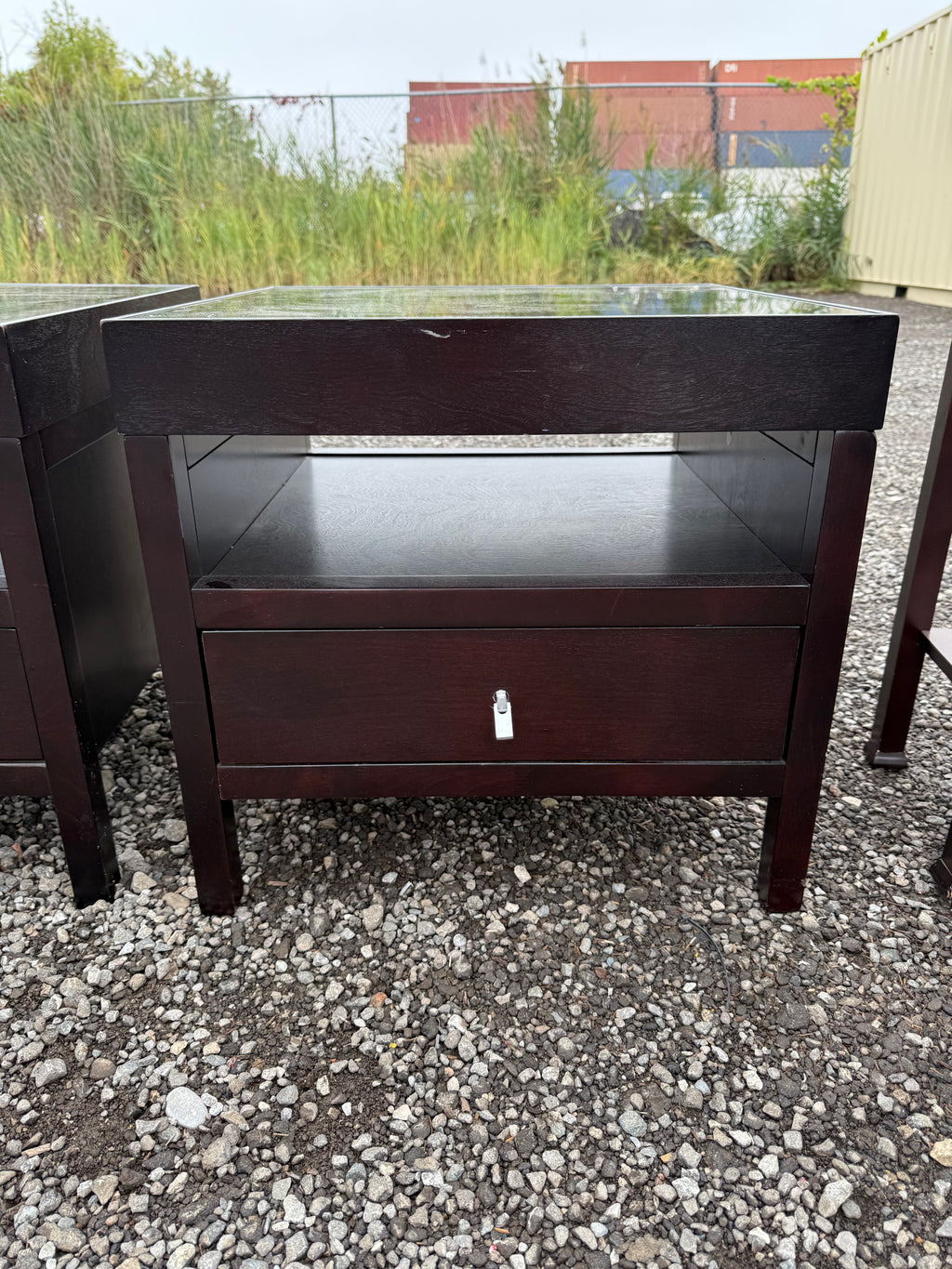 Pair of Dark Wood Nightstands with Glass Top