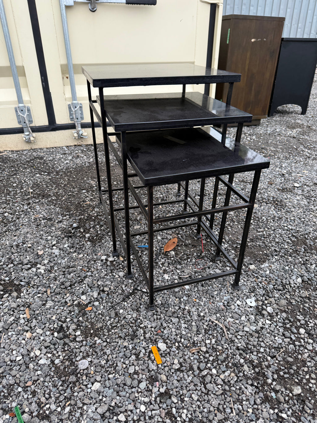 3pc Granite Top Nesting Tables, Black Metal Frame