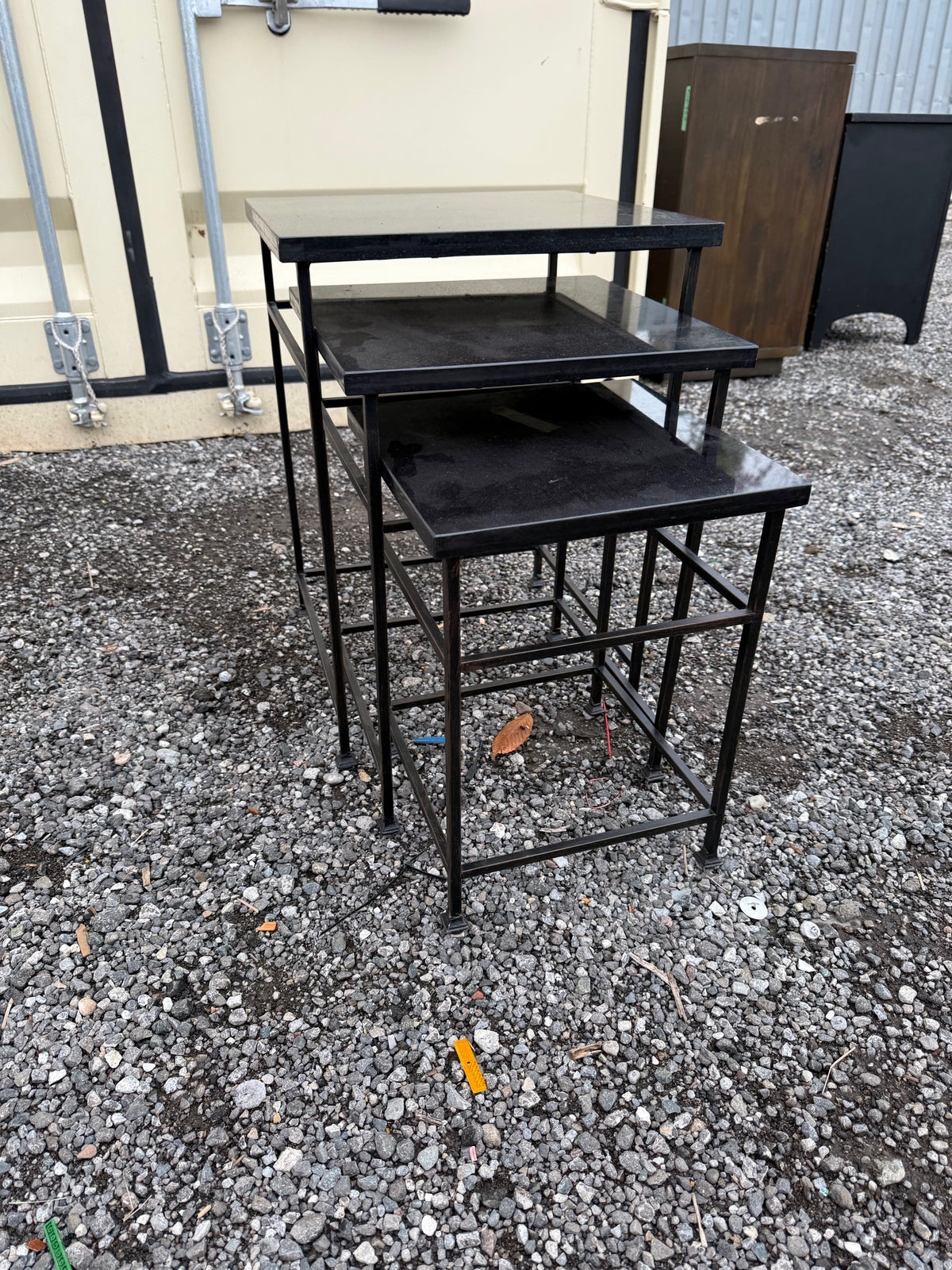 3pc Granite Top Nesting Tables, Black Metal Frame