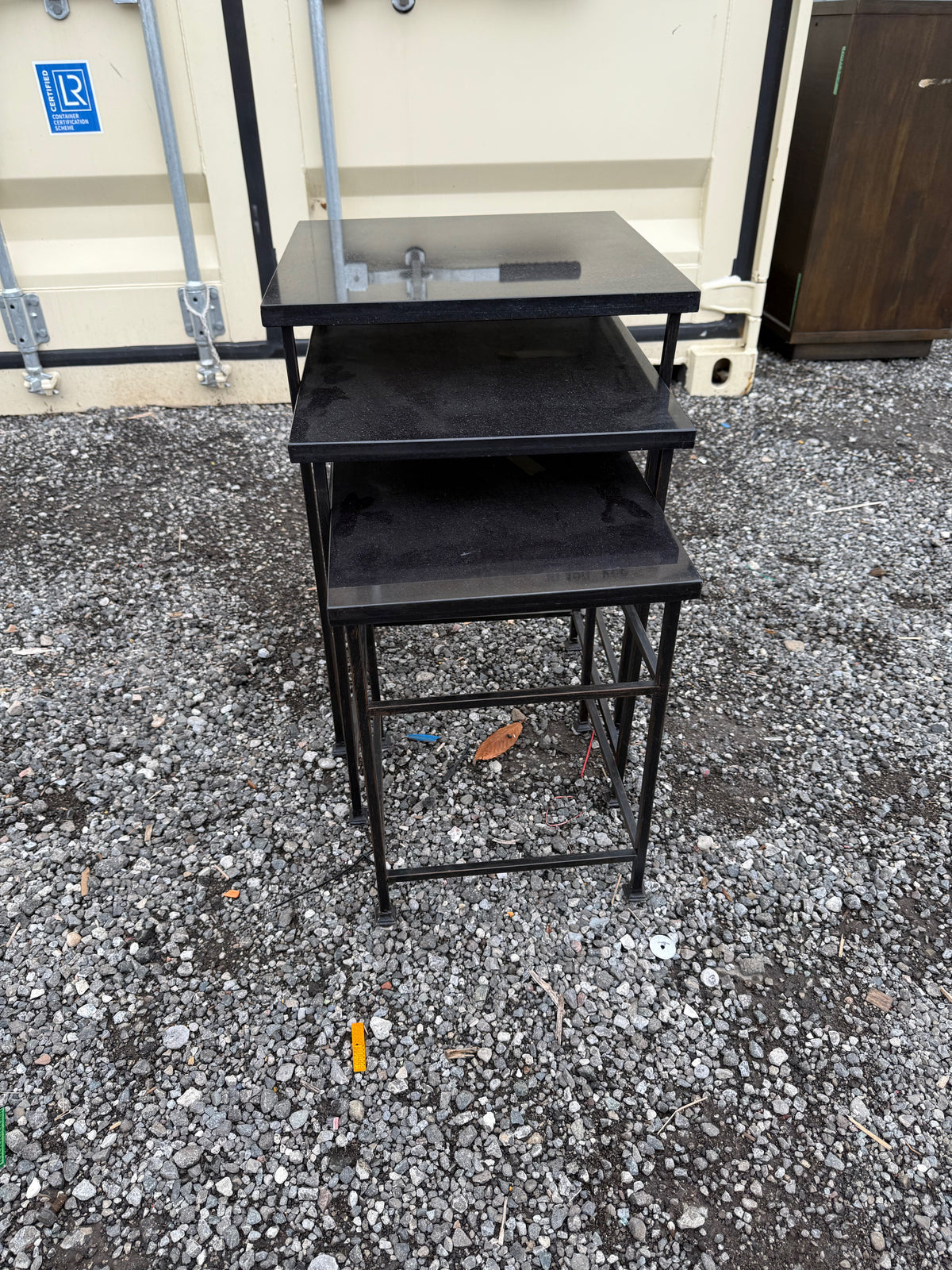 3pc Granite Top Nesting Tables, Black Metal Frame