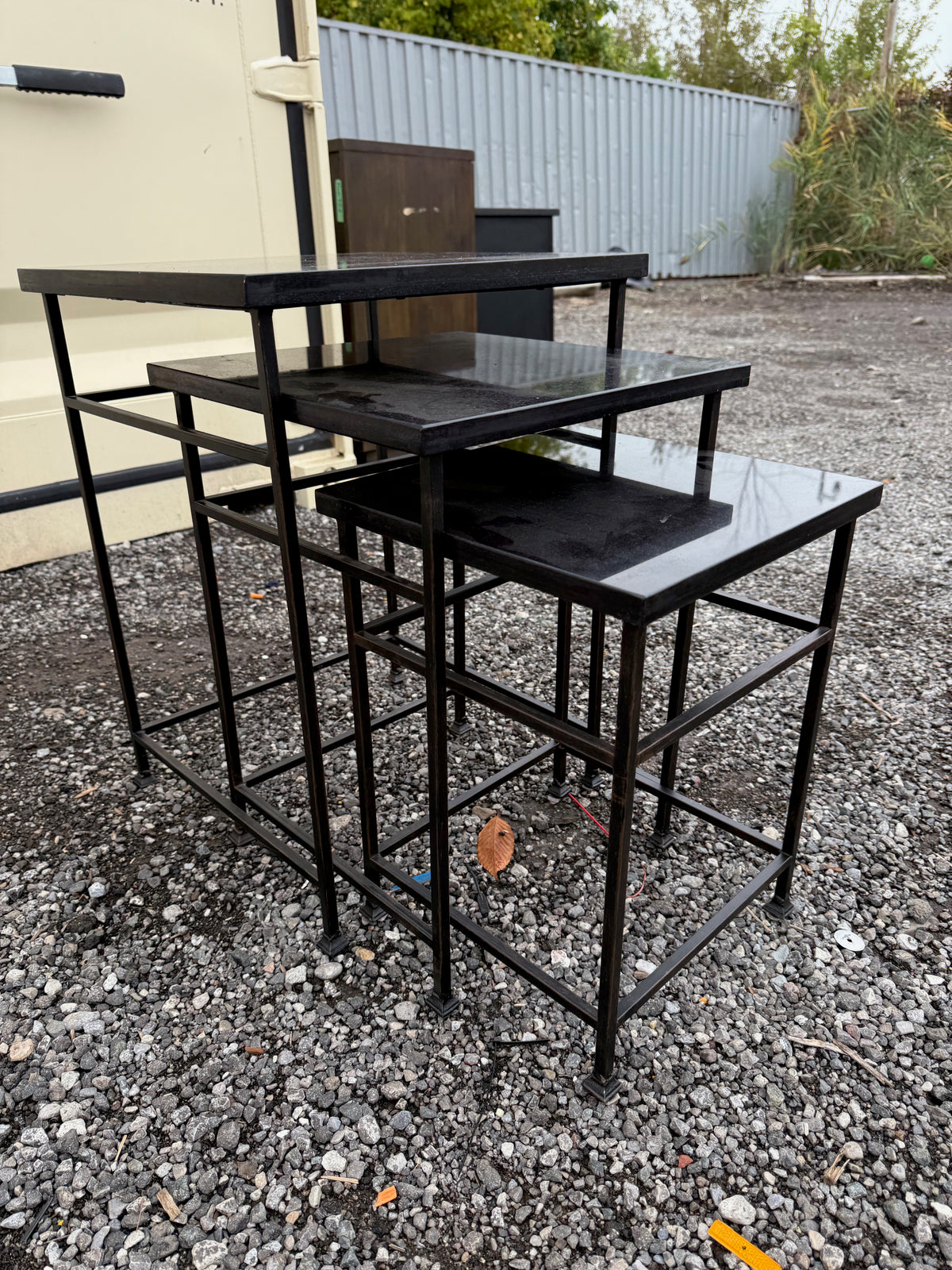 3pc Granite Top Nesting Tables, Black Metal Frame