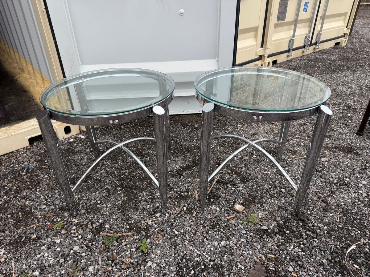 Pair of Round Chrome and Glass Side Tables