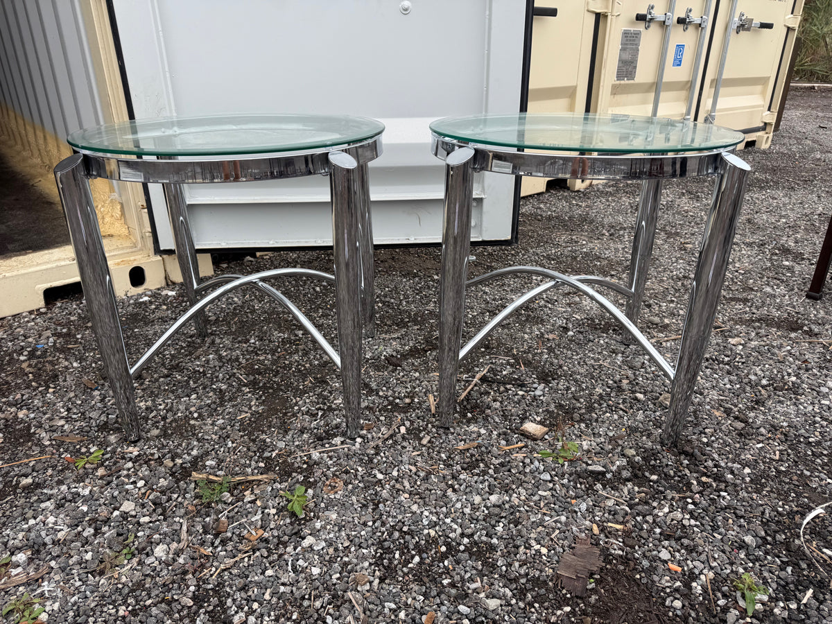 Pair of Round Chrome and Glass Side Tables