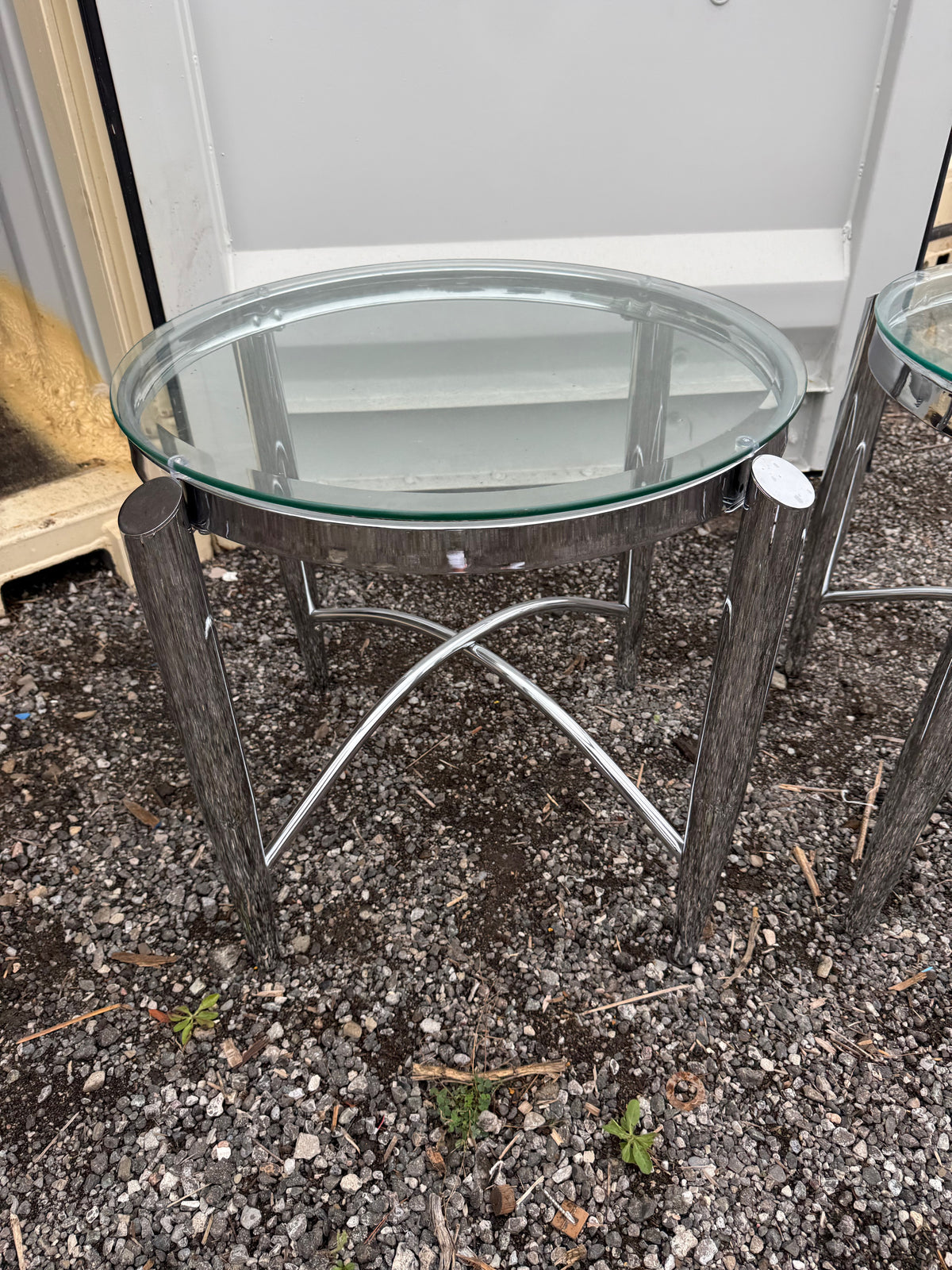 Pair of Round Chrome and Glass Side Tables